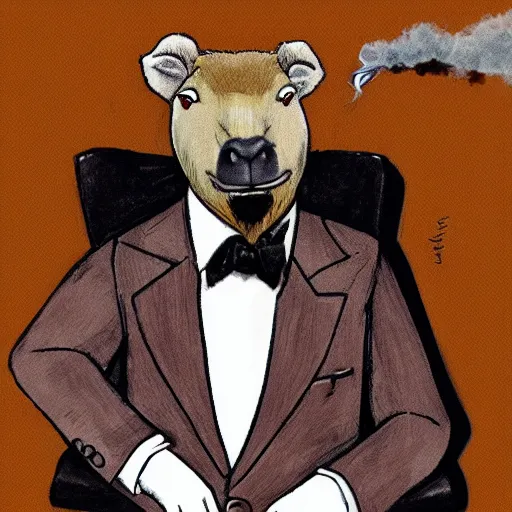 Image similar to an antropomorphic capybara wearing a suit smoking a cigar