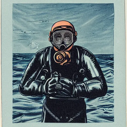 Prompt: ghost scuba diver wearing copper four light, twelve bolt diving helmet, heavy diving gear, emerging from the ocean at night in the style of ghost of captain cutler