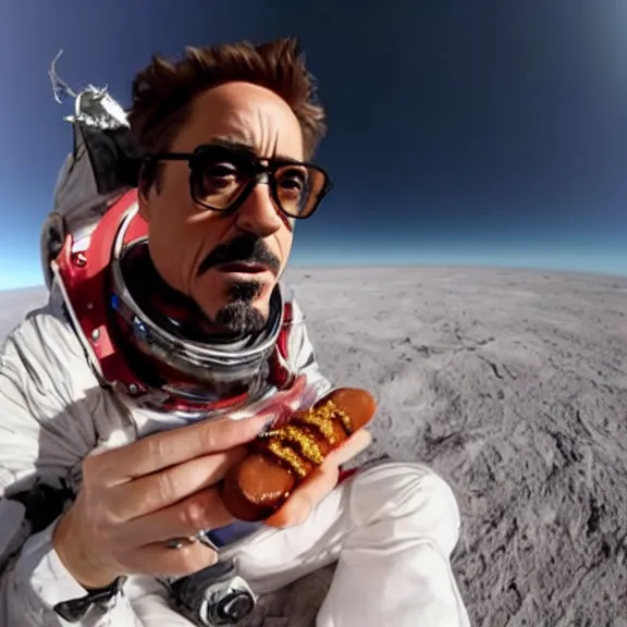 Image similar to robert downey jr eating a hot dog on the moon, dynamic lighting, gopro selfie with a fisheye lense