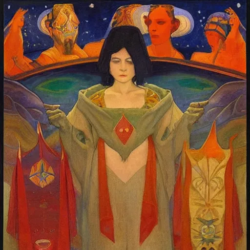 Prompt: the night crown, by Annie Swynnerton and Nicholas Roerich and Diego Rivera, embroidered robes, starry tattoos, elaborate costume, geometric ornament, symbolist, soft colors, dramatic lighting, smooth, sharp focus, extremely detailed