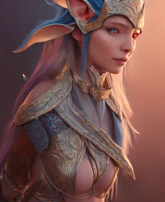 Image similar to a regal elf with long blue windswept hair in a rose gold breastplate, 3 d render by mandy jurgens, artgerm, and lu ji, centered, artsation contest winner, cgsociety, fantasy art, cryengine, concept art, photorealism, daz 3 d, sketchfab, zbrush, vray