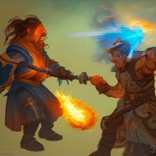 Image similar to a pyromancer is fighting a orc with blue fire, medium level shot , epic scene, Mucha style , general fantasy, illustration ,concept art,