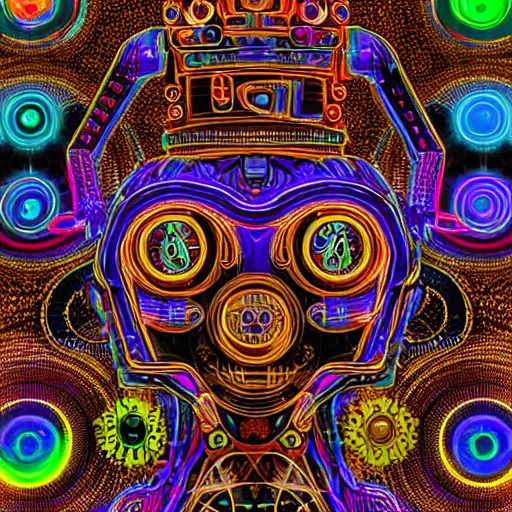 Prompt: hyperdetailed masterpiece portrait of a steampunk robot, covered in colorful glowing holy geometry and chakras, wearing a diadem of multicolored tubes and cables, symmetrical, 8 k, halluzinogenic, flourescent colors on black background