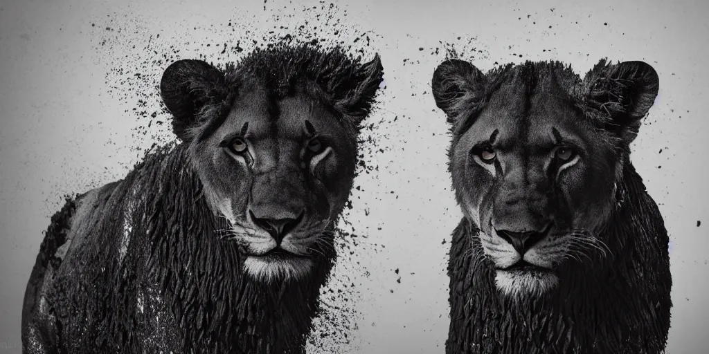 Image similar to a black lioness, made of ferrofluid, posing in the photo studio, viscous, sticky, full of ferrofluid, covered with black goo. photography, dlsr, realism, animal drawing, color, rimlight, wrinkles, reflections, wildlife photography, black goo, cinematic