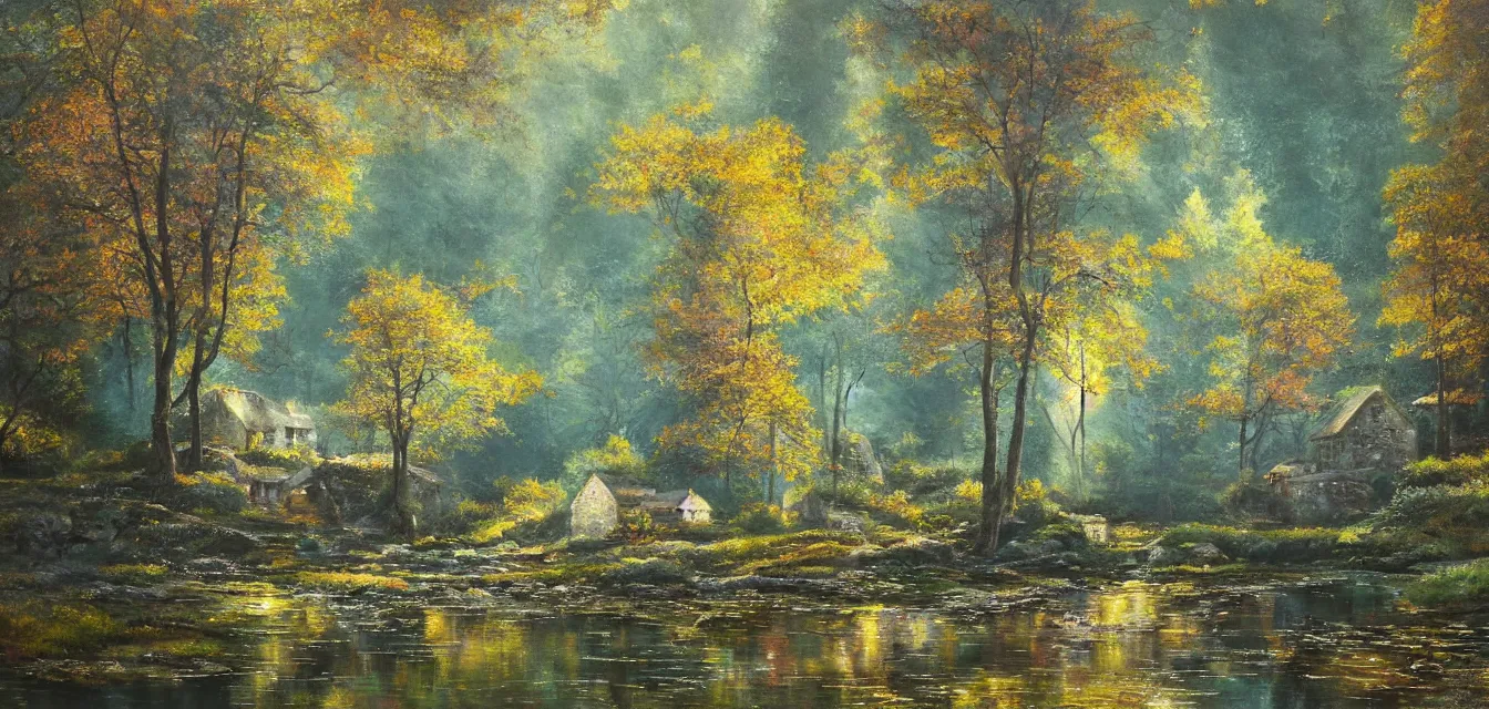 Image similar to a painting of sparse stone cottages underneath a dense tall forest, with pristine reflex from cascading ponds. gorgeous, elegant, sophisticated, an ultrafine painting, intricate brush strokes, bright depth oil colors, photography by araken alcantara. intense promiseful illumination, autumn sunrise warm light, detailed and intricate environment of hopeful bodyscapes