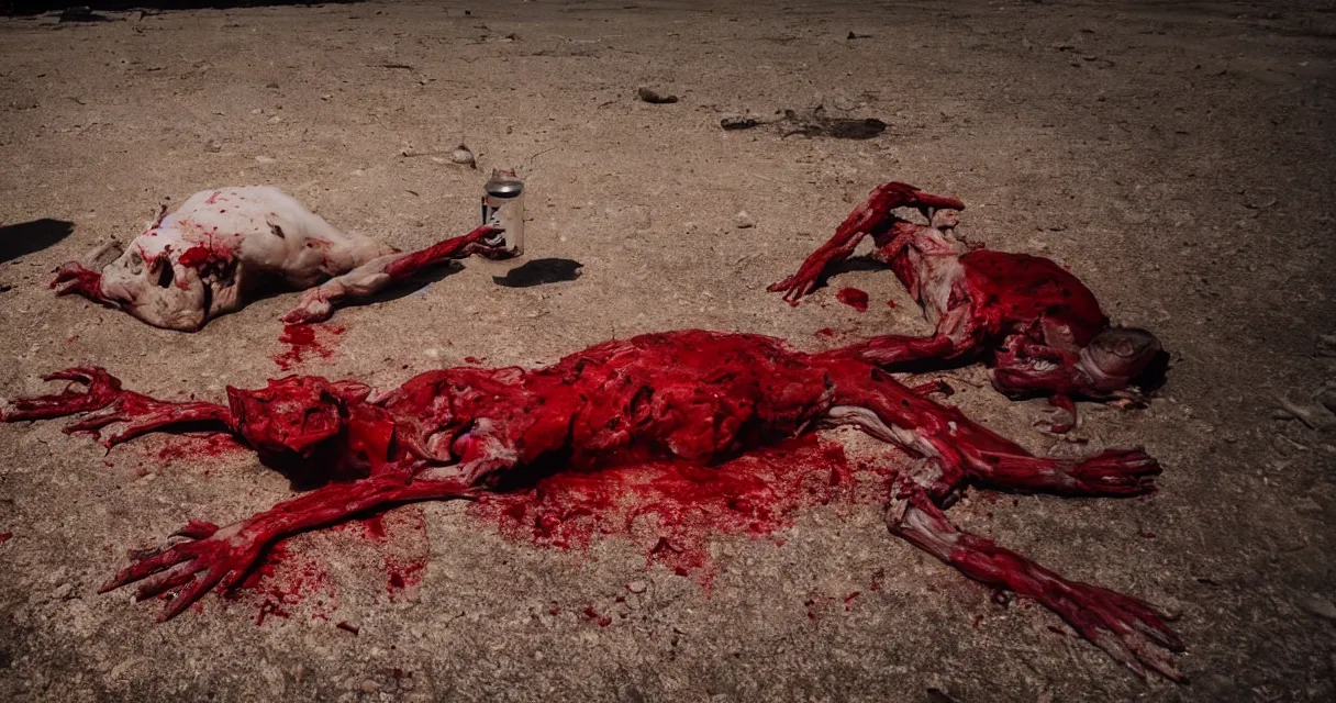 Prompt: in the desert a bloody gross horrifying The Thing creature made of muscle and bone and blood stares at the camera, eating, there is a pool of blood on the ground, mid day, 35mm photography, realistic,