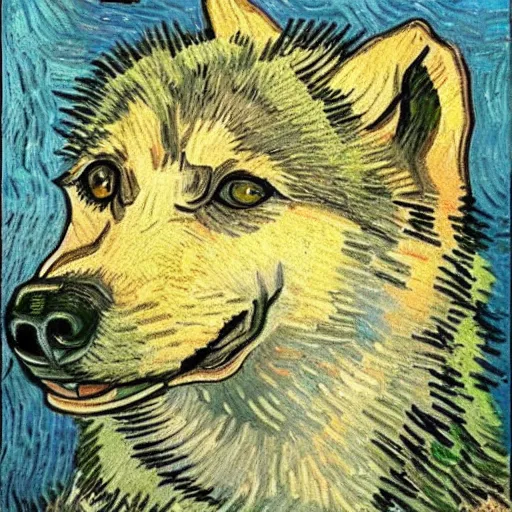 Prompt: retarded wolf portrait, van gogh style