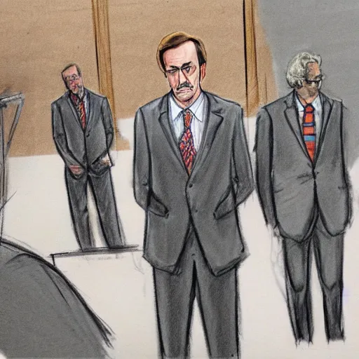 Prompt: court sketch of saul goodman and team looking defeated, with trimmed mustache, wearing glasses, wearing prison jumpsuit, testifying, sketch by jeff kandyba, marilyn church