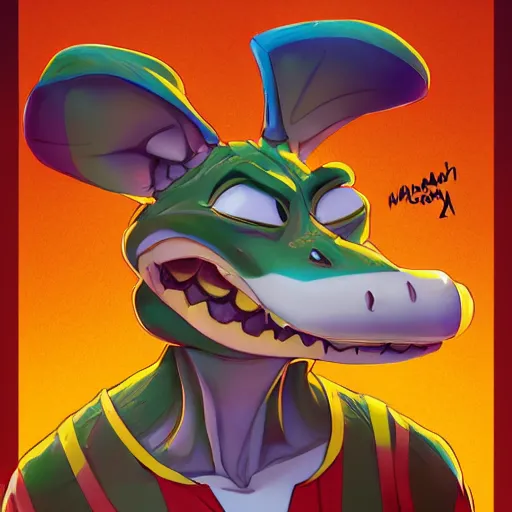 Prompt: in the style of artgerm, loish and ross tran, anthropomorphic alligator, symmetrical face, symmetrical eyes, red scales on his back, yellow scale on his belly and chest, male, waring a hawaiian shirt, in the style of zootopia