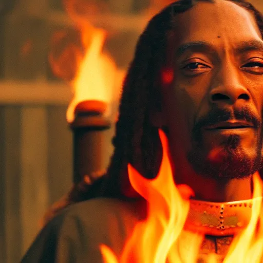 Image similar to cinematic film still of Snoop Dogg starring as a Samurai holding fire, Japanese CGI, VFX, 2022, 40mm lens, shallow depth of field, film photography