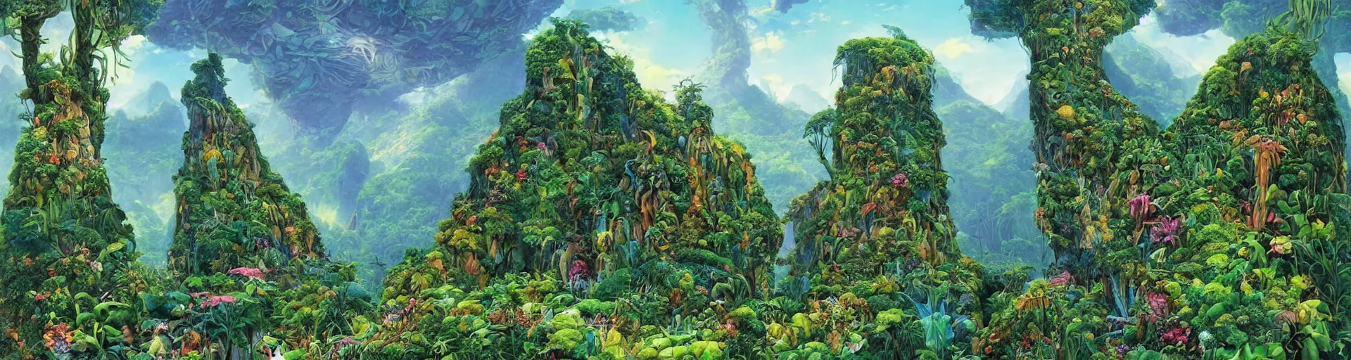 Image similar to Forested mountain paradise | solarpunk | Roger Dean |