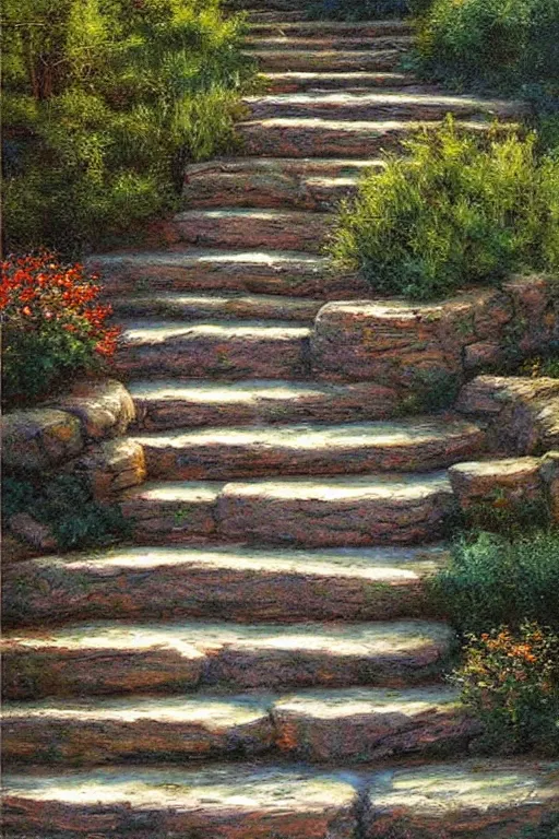 Prompt: stone steps fantasy landscape by james gurney