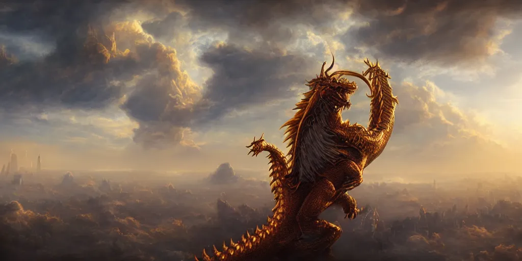 Prompt: !dream a beautiful digital painting of golden eastern giant dragon alone in sky, night clouds, above city, atmospheric lighting, Octane Render a fantasy digital painting by James Gurney, trending on Artstation, hyperrealistic, realistic, photorealistic, dynamic lighting, highly detailed, cinematic landscape, studio lighting