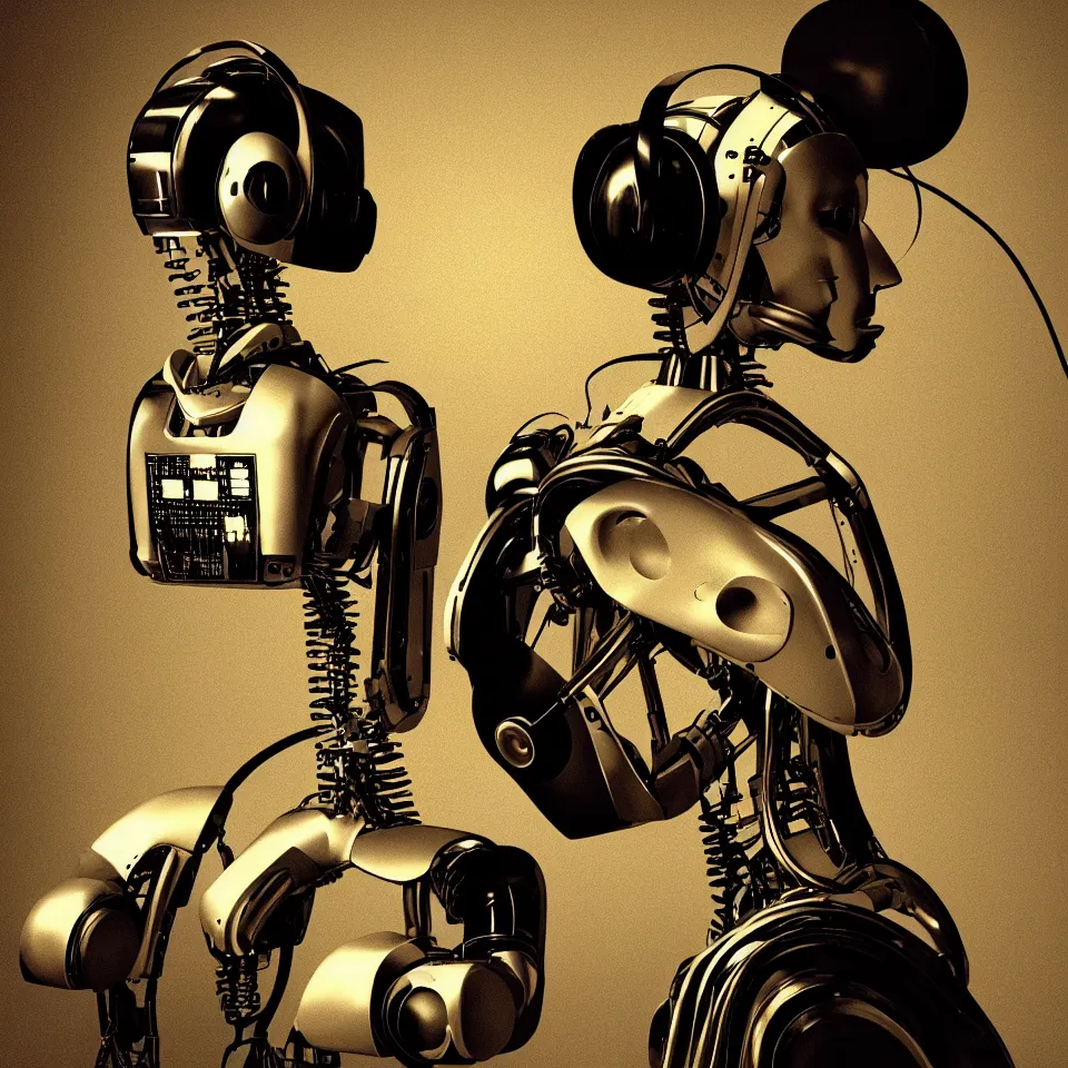 Image similar to robot with a headphone by caravaggio, dynamic lighting, cinematic, epic composition, masterpiece