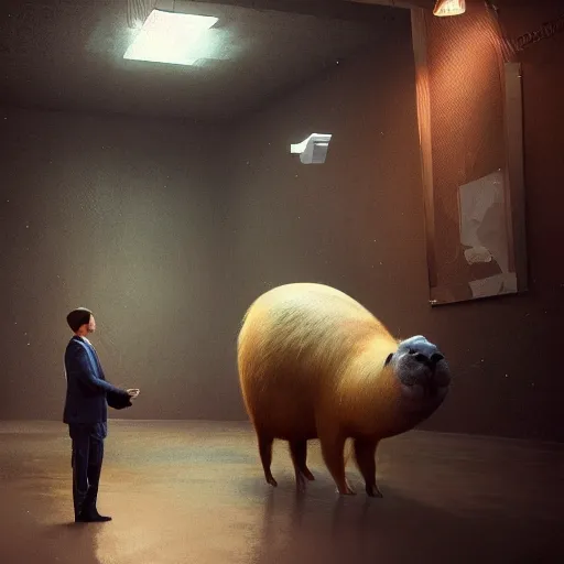 Prompt: a high quality photo of an antropomorphic capybara wearing a suit, 3d scene, render, ultra realistic, zenith view, Greg Rutkowski, artstation, cgsociety, unreal engine