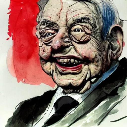 Image similar to George Soros by Ralph Steadman, illustration, body horror, biopunk