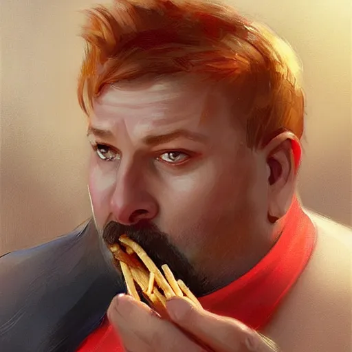 Image similar to portrait of a blonde chubby woman eating kebab, light stubble with red shirt ,digital art,photorealistoc,art by greg rutkowski,hyperdetailed,western comic style,comic,comic style,sharp lineart,professional lighting,deviantart,artstation,trevor henderson,rossdtaws,cinematic,dramatic