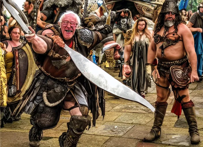 Prompt: berny sanders as barbarian warrio cohen, discworld, fantasy, high detail, wide shot