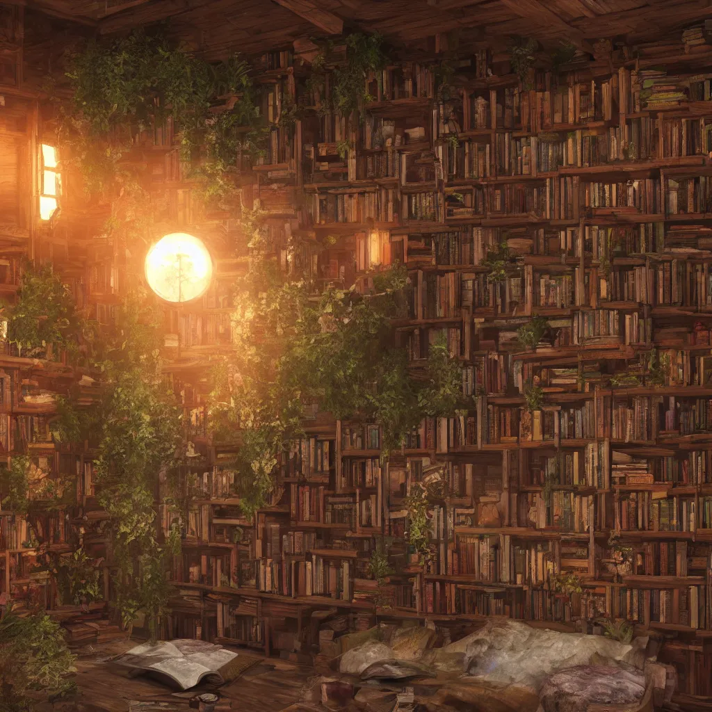 Image similar to there are many books and bookshelves in a warm hut, spiral, unreal engine, global illumination, flowers, smoke, detailed and intricate environment, mysterious, comfort, in the style of aetherpunk