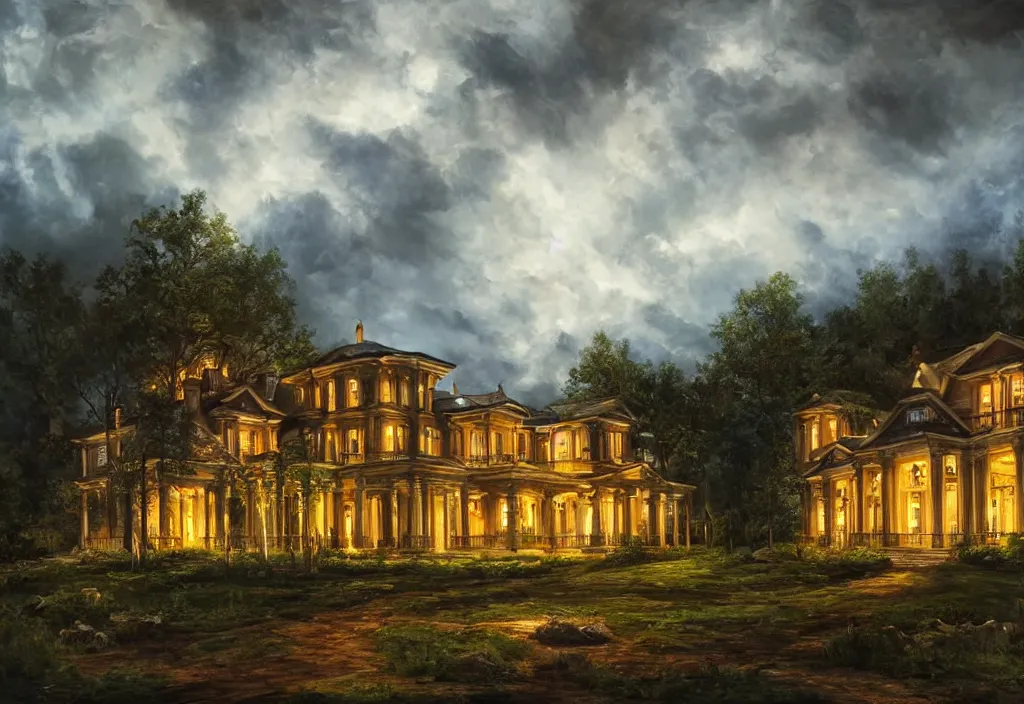 Prompt: rich mansion in the woods, there is lanterns around illuminating the environment, cinematic lightning, dramatic, clouds, sky, the time of day is dusk, highly detailed, oil painting,