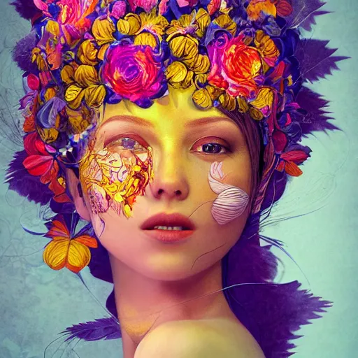 Prompt: the portrait of an absurdly beautiful, graceful, elegant woman made of bananas and petals, an ultrafine detailed illustration by irakli nadar, naoki ikushima, mika iizuka, intricate linework, bright colors, final fantasy, behance contest winner, angular, unreal engine 5 highly rendered, global illumination, radiant light, detailed and intricate environment