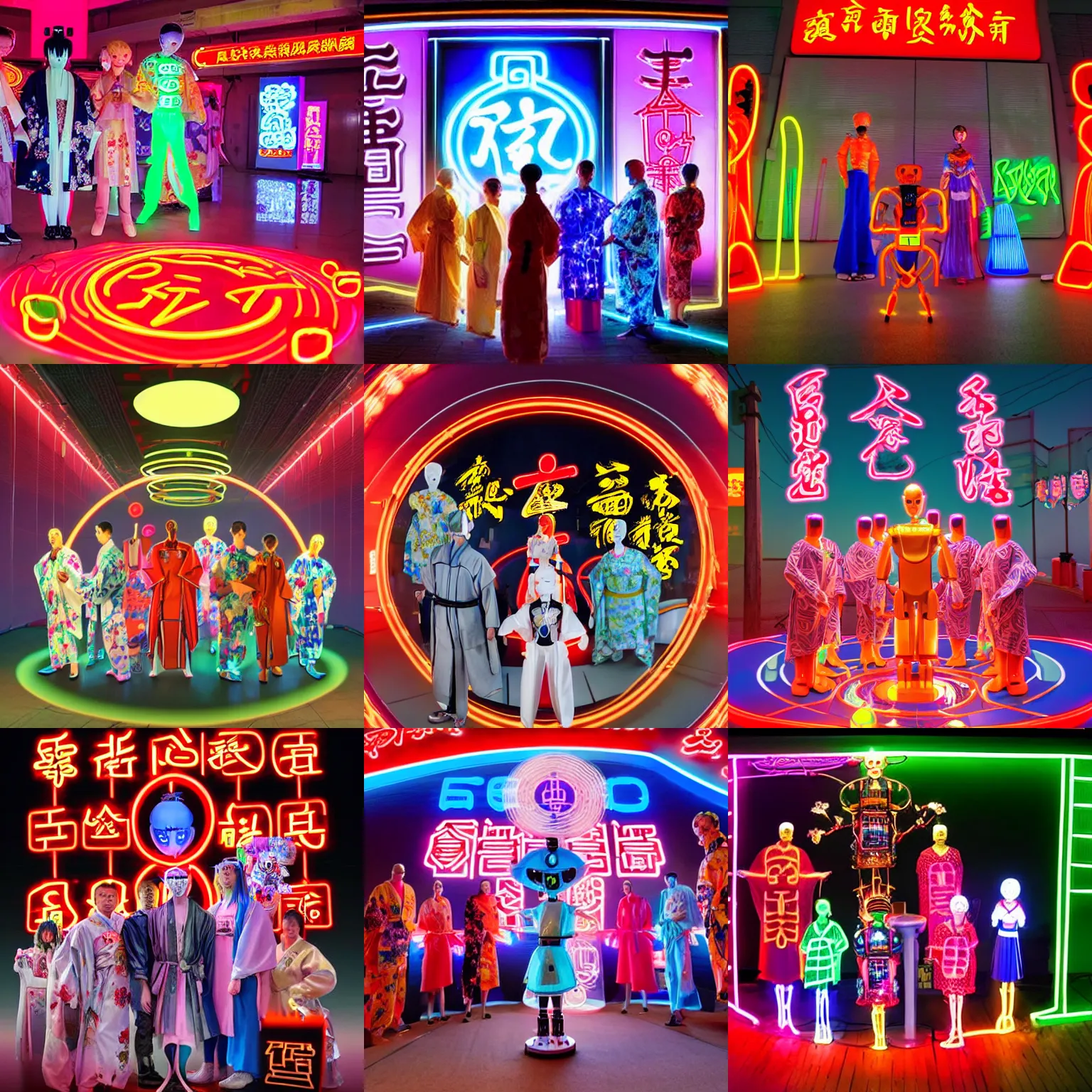 Prompt: 7 kimono-clad people and four humanoid robots pose on a magic circle of Chinese characters in front of a neon-lit altar /A dark Christian church illuminated by an altar of neon lights. /One of them is a female robot./Future city. /Edward Hopper/marvel /gold medal