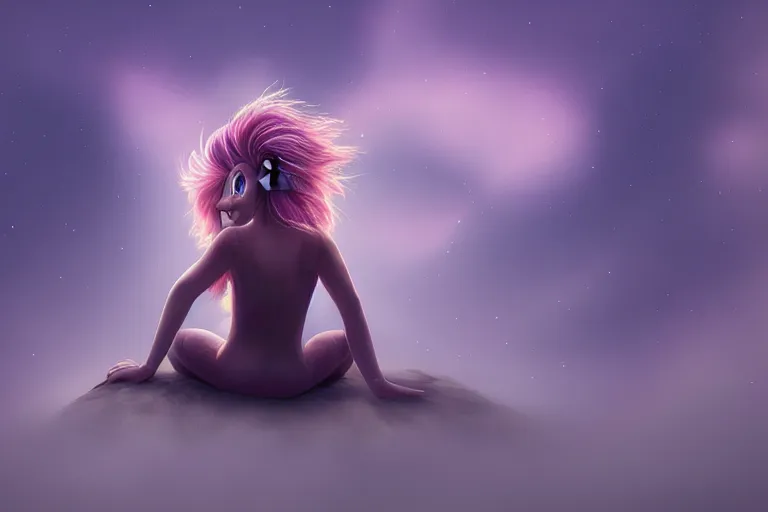 Prompt: Pinkie Pie sitting down viewed from behind, gazing off into the horizon, professional equine photography and mood lighting, flowing mane and tail, relaxed expression, subtle fog, fireflies, realistic digital art, 4k