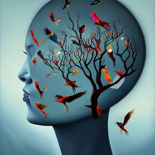 Prompt: stunning painting of the bird songs for peace by rik oostenbroek, concept art, masterpiece, hyperrealism, surrealism, cinematic, sharp focus, centered, soft lighting, 8 k hd resolution