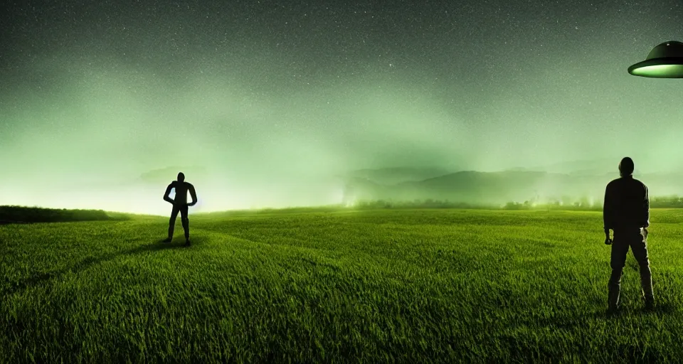 Prompt: Alien UFO abducting man in the middle of a field at night, atmospheric, illuminated by green tractor beam, cinematic landscape