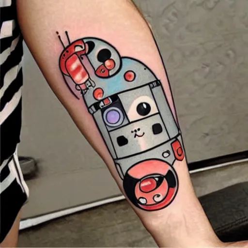Prompt: Anime manga robot cat, cute robotic manga cat by Hayao Miyazaki and Junji ito, tattoo on upper arm