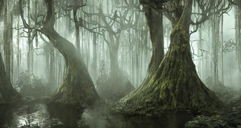 Image similar to A dense and dark enchanted forest with a swamp, by Fortiche Studio