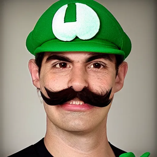 Prompt: a photo of a man cosplaying as Luigi, realistic, high definition