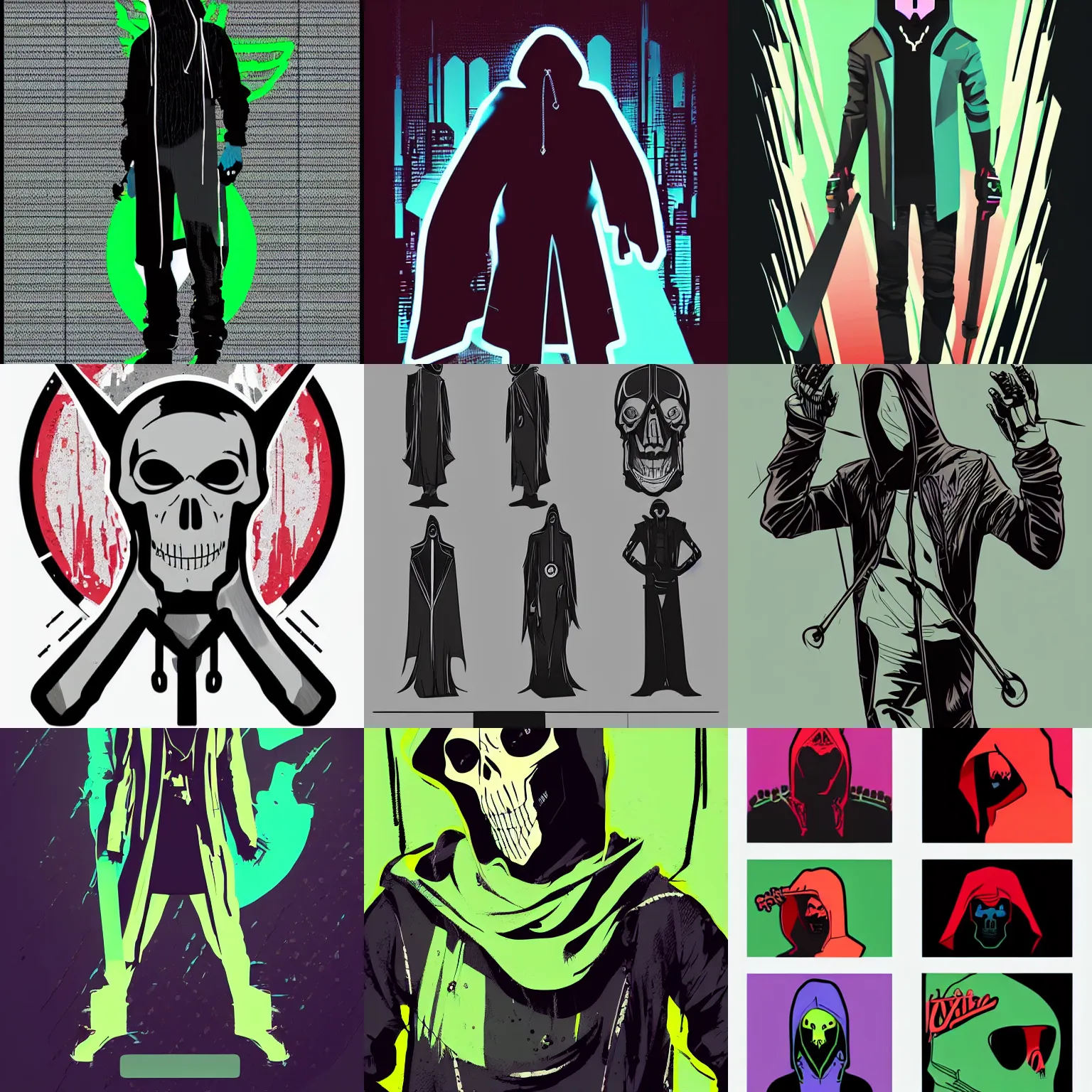 Prompt: pinterest grim reaper modern streetwear design greenlight, cyberpunk color, vector art