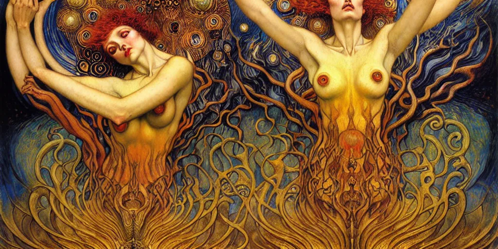 Image similar to Divine Chaos Engine by Karol Bak, Jean Delville, William Blake, Gustav Klimt, and Vincent Van Gogh, symbolist, visionary