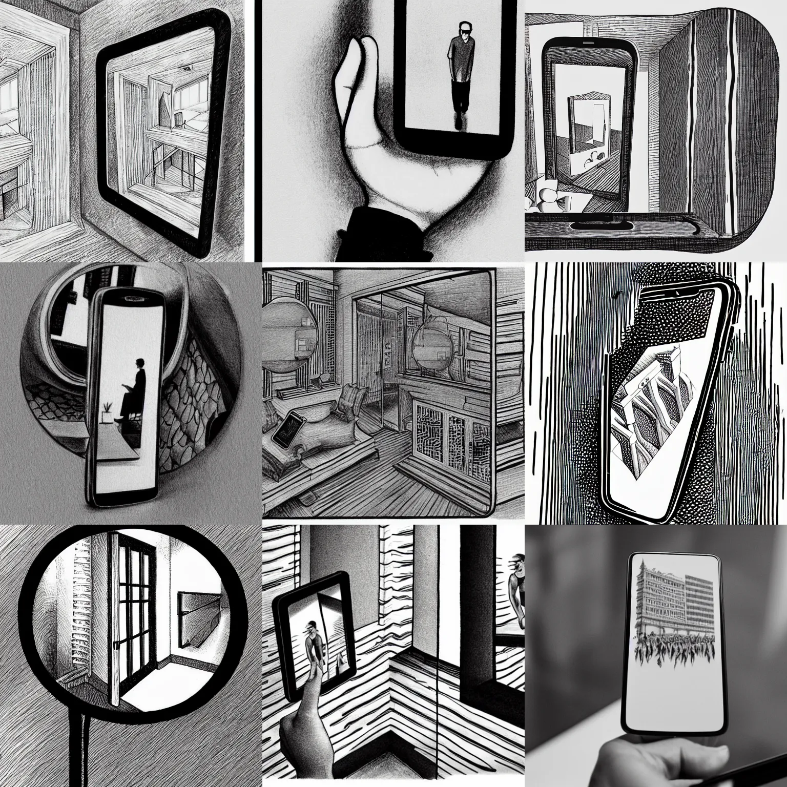 Prompt: a floating smart phone taking a picture of itself in a mirror, the reflection of the phone shows an image of the reflection, infinite recursion, ink drawing, in the style of m. c. escher