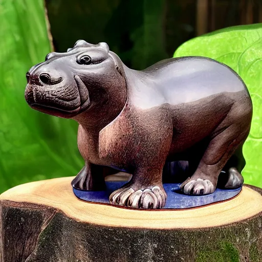 Image similar to a small smooth hippo statue carved from natural wood, dipped in polished blue resin, half and half, mixed media, side view