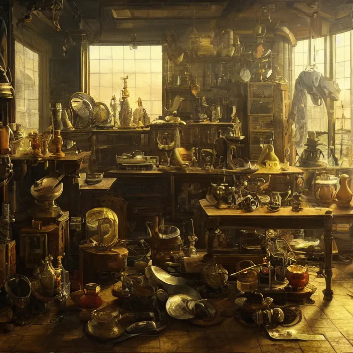 Prompt: still life photo of a cyberpunk junk shop by pieter claesz, oil on canvas, strong lighting, highly detailed, hyper realism, golden hour, god rays, hd, 4 k