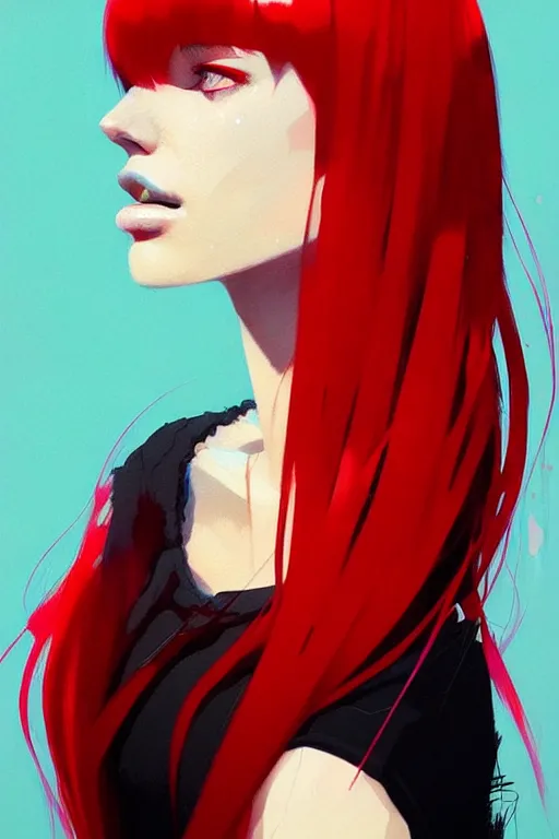 Image similar to a ultradetailed beautiful portrait panting of a stylish woman with red bangs, she is wearing a black dress, by conrad roset, greg rutkowski and makoto shinkai, trending on artstation