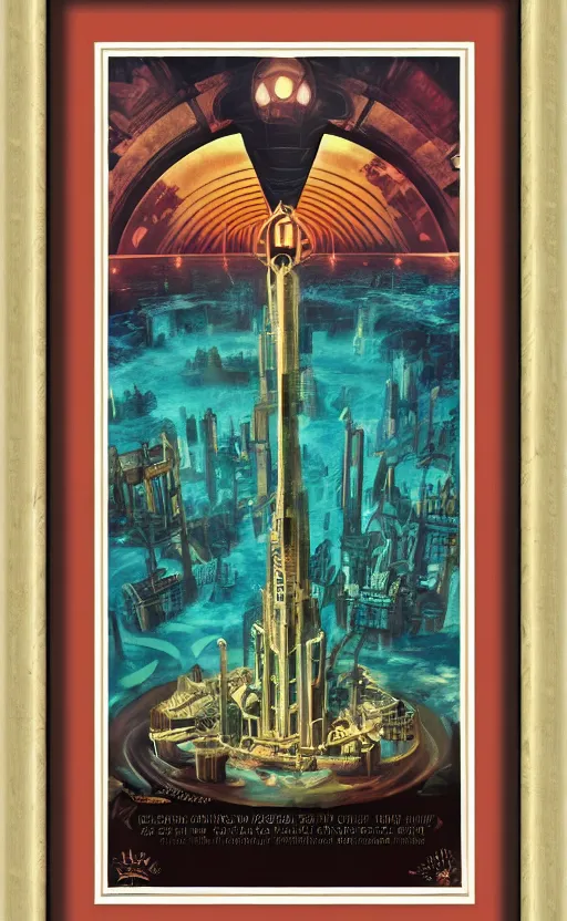 Prompt: art deco travel poster of the underwater city of rapture from bioshock, framed poster