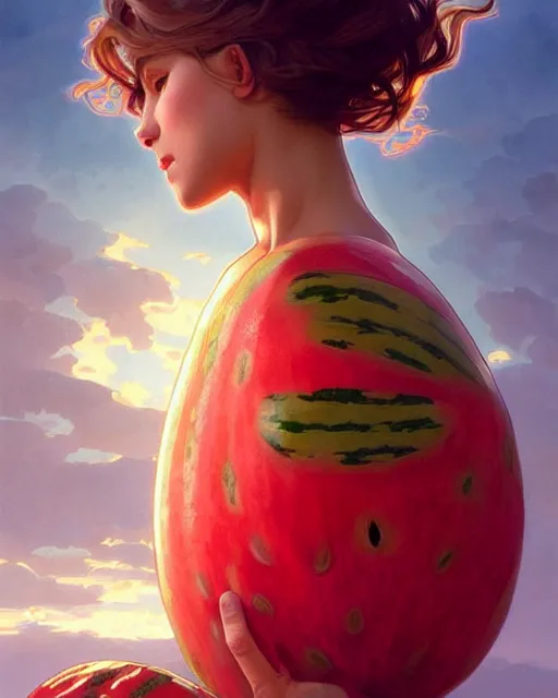 Image similar to an giant watermelon, cute pose, highly detailed, digital painting, artstation, concept art, smooth, sharp focus, illustration, art by artgerm and greg rutkowski and alphonse mucha