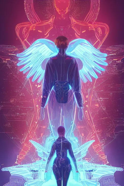 Image similar to white arc-angel with mystic robotic wings, blade runner, akira, ghost in the shell, 2077, style of Laurie Greasley and Satoshi Kon + symmetric lights and smoke, psychedelic effects , glowing particles, neon rain, glowing runes, de-noise, symmetrical composition, high detailed + tarot card, ornate border, 8k