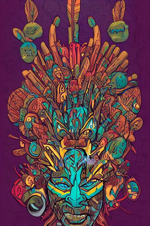 Image similar to totem animal mask tribal feather gemstone plant wood rock shaman vodoo video game vector illustration vivid multicolor borderlands comics by josan gonzales and dan mumford radiating a glowing aura