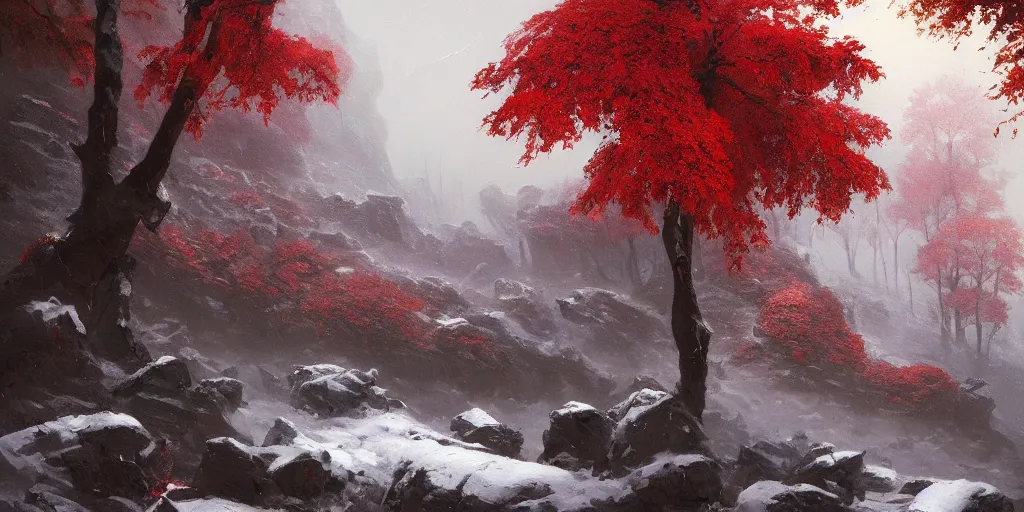 Image similar to A beautiful oil painting of a rocky valley covered in snow, trees with red leaves, thunderstorm in the sky, blue lighting, gloomy, atmospheric lighting, detailed, by greg rutkowski, trending on artstation