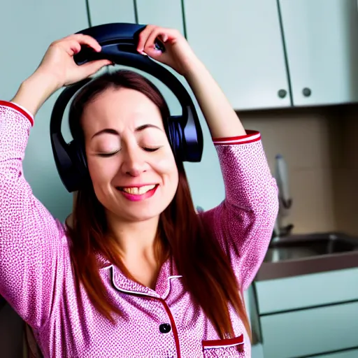 Image similar to woman on pyjamas singing with headphones on, eyes closed, and hugging cleaning products, high detail, shallow depth, kitchen background