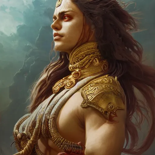 Prompt: wide portrait painting of a bloodied warrior in mahabharata goddess, ultra realistic, concept art, intricate details, eerie, highly detailed, photorealistic, octane render, 8 k, unreal engine. art by artgerm and greg rutkowski and alphonse mucha