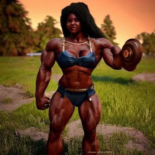 Image similar to a handsome bodybuilder viking girl with african american, clash royal style characters, unreal engine 5, octane render, detailed, cinematografic, cinema 4 d, artstation trending
