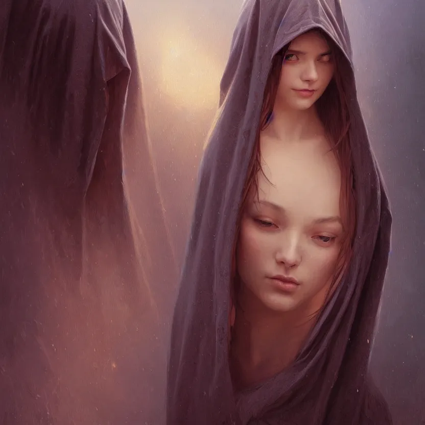 Image similar to Portrait of a young woman wearing a hooded robe, non-centered shot, unique pose, intricate, elegant, highly detailed, digital painting, artstation, concept art, smooth, sharp focus, illustration, art by artgerm and greg rutkowski and alphonse mucha, by beksinski