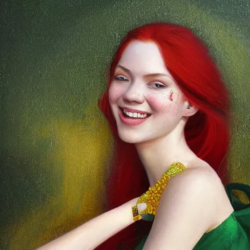 Prompt: Highly detailed painting of a beautiful young woman with long red hair, smiling by Craig Mullins and Ross Tran, Green dress, Golden Background, Fabric texture, Golden thread, intricate patterns, Trending on artstation, pinterest, cgsociety, 4k, 8k, HDR, award winning, unreal engine