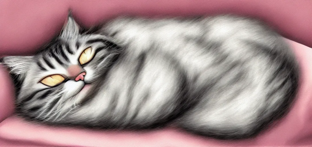 Image similar to cat sleeping in bed, digital art