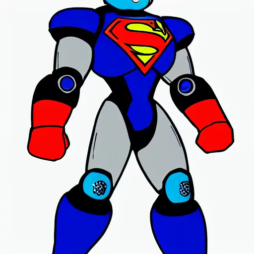 Image similar to His armor, however, resembles that of most other Robot Masters in that it's a skintight bodysuit with large rounded coverings on the lower arms and legs, and typical 'superhero briefs'. Mega Man's primary color is light blue with a dark blue 'trim' (his arms, legs, helmet and 'briefs'). His helmet has a raised light blue square in the forehead and a light blue ridge running straight back from the square, resembling an exclamation mark. His helmet also features round light blue sections with red circles in the center over his ears. He also has red circles in his Mega Buster and below his feet., Megaman series